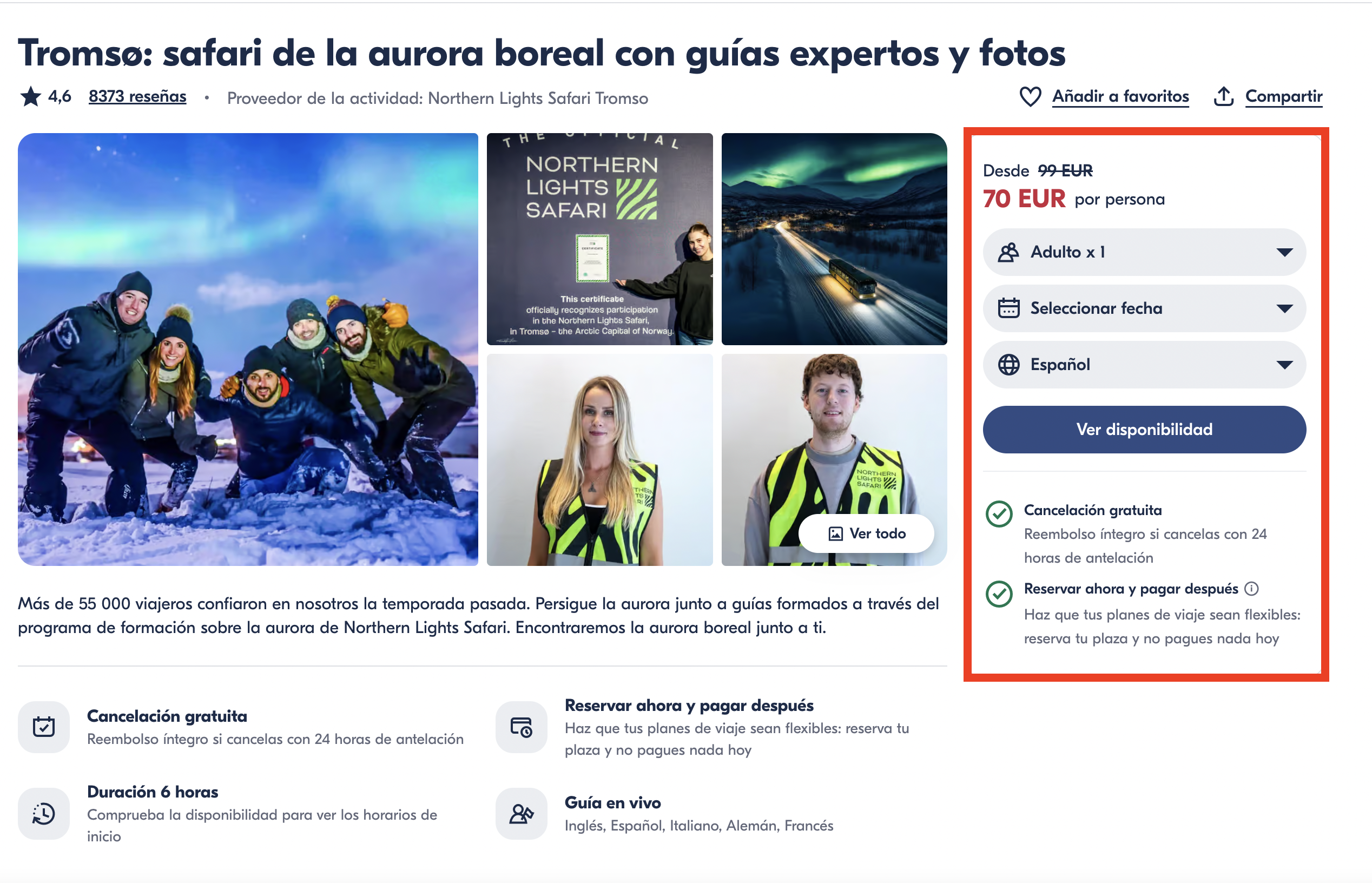 Oferta safari de auroras boreales en Tromsø