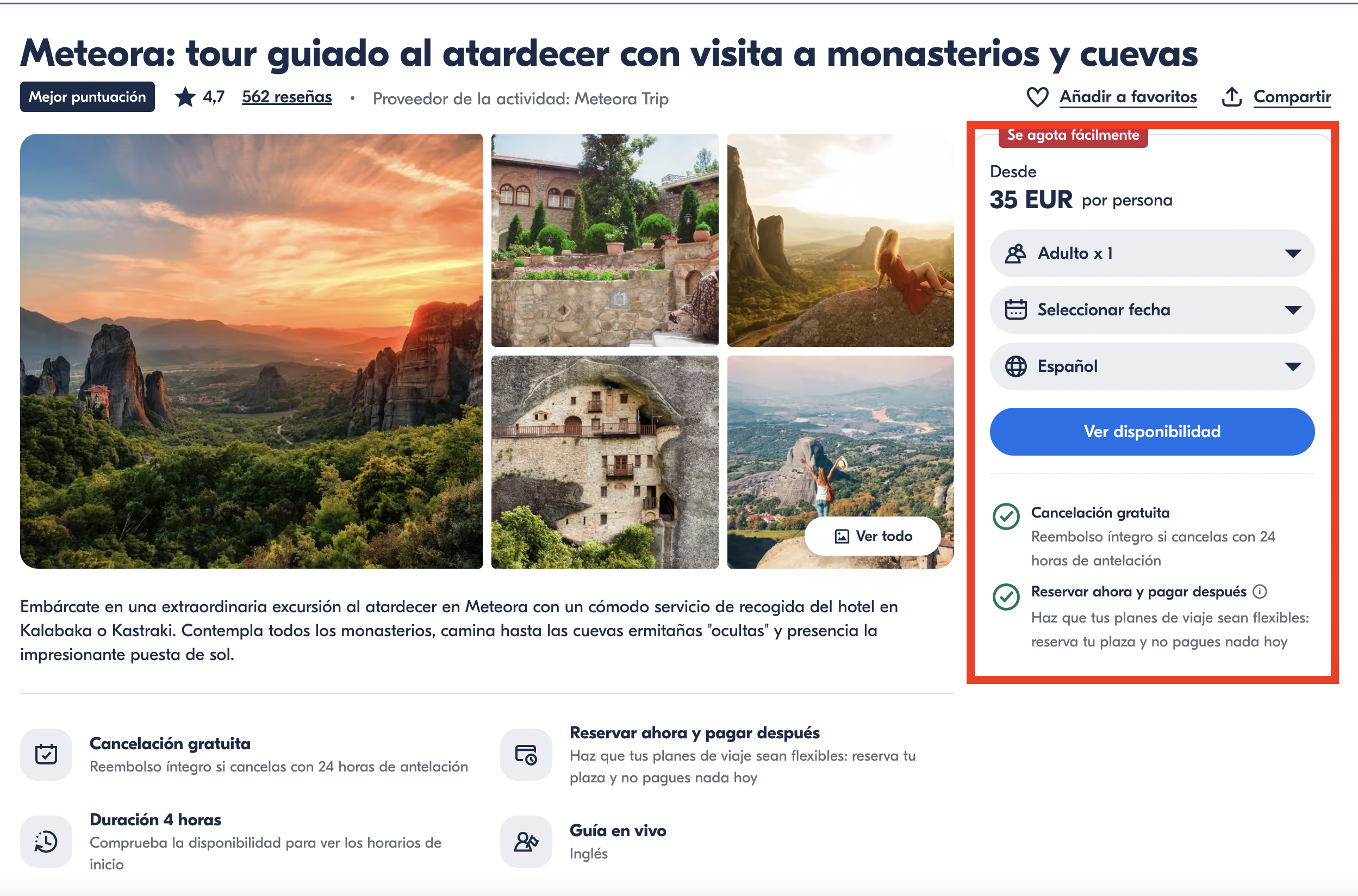 Tour al atardecer en Meteora