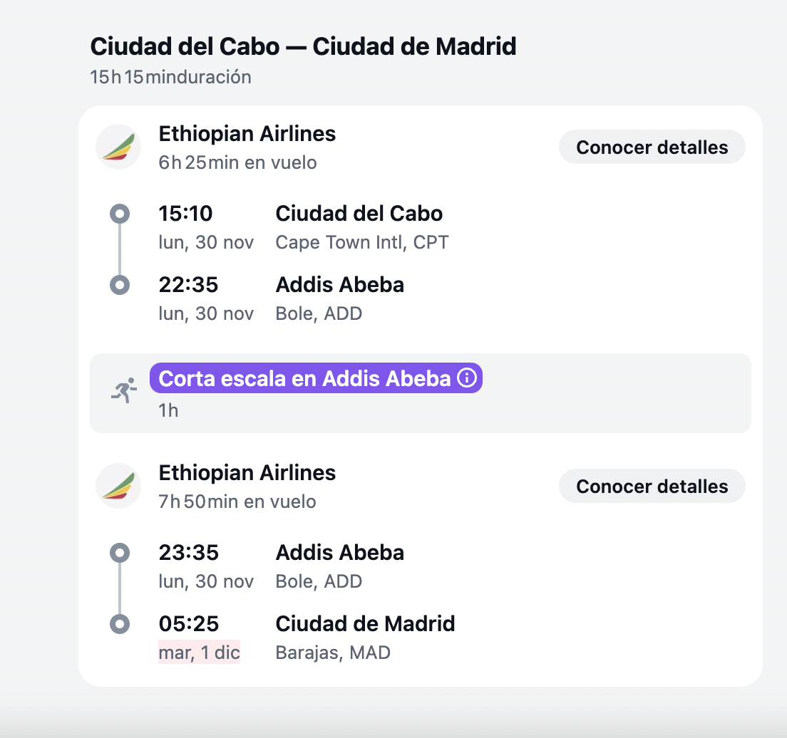 Detalle de vuelos Madrid–Ciudad del Cabo