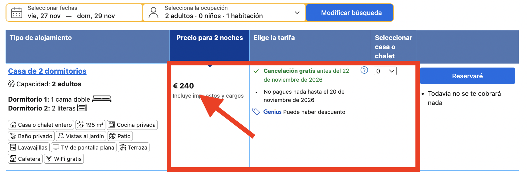 Captura de la oferta de alojamiento