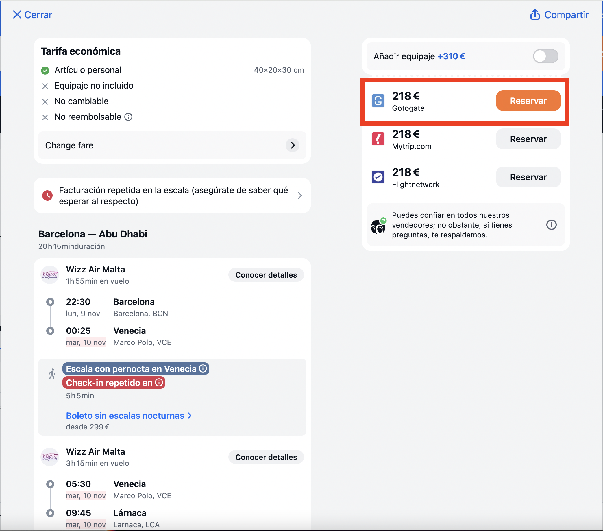Captura de la oferta: Barcelona–Abu Dhabi por 218€: cómo convertir diez días de noviembre en un viaje por Emiratos