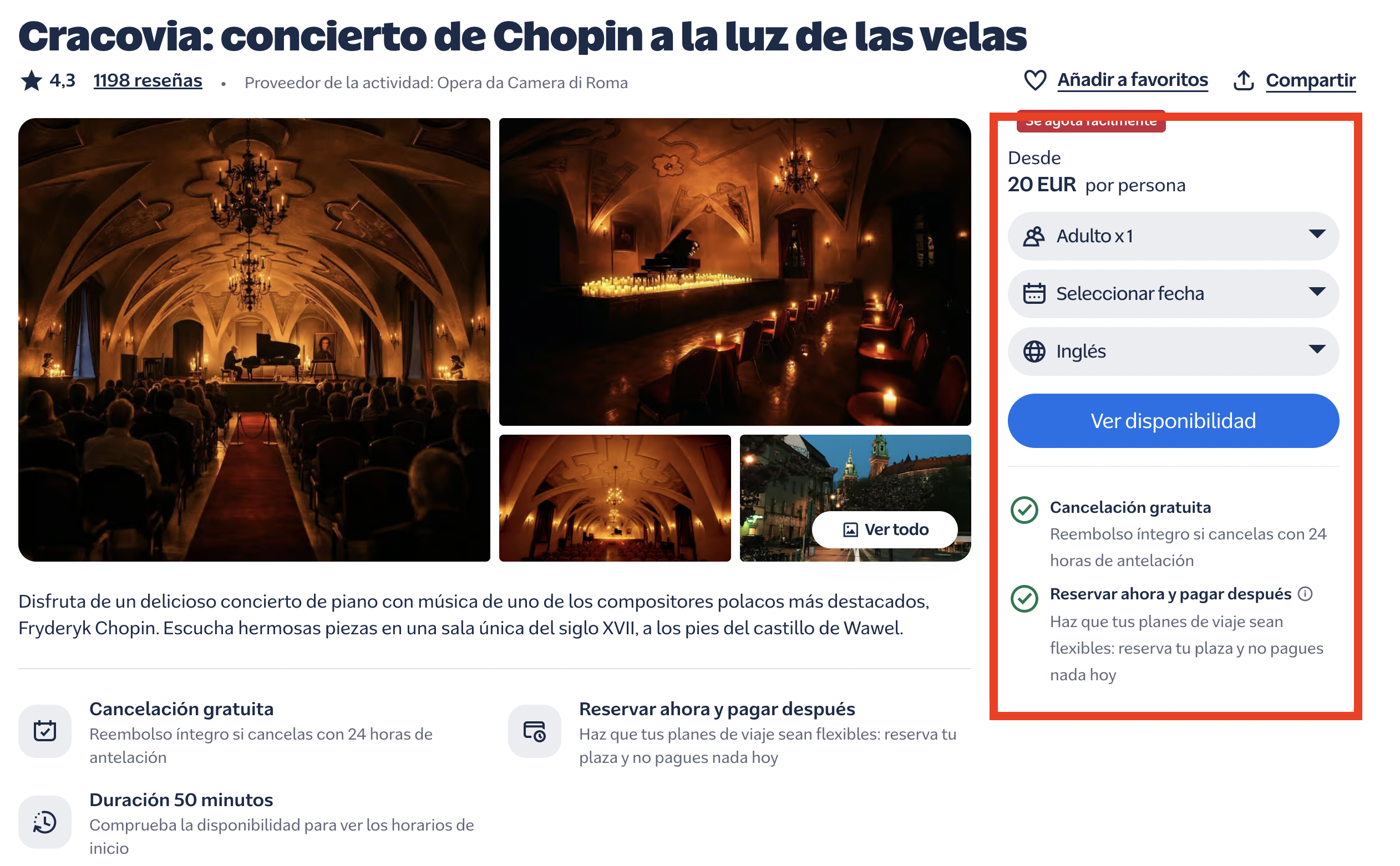 Captura de la oferta: Concierto de Chopin a la luz de las velas: qué hacer una noche de noviembre en Cracovia cuando ya has caminado veinte kilómetros