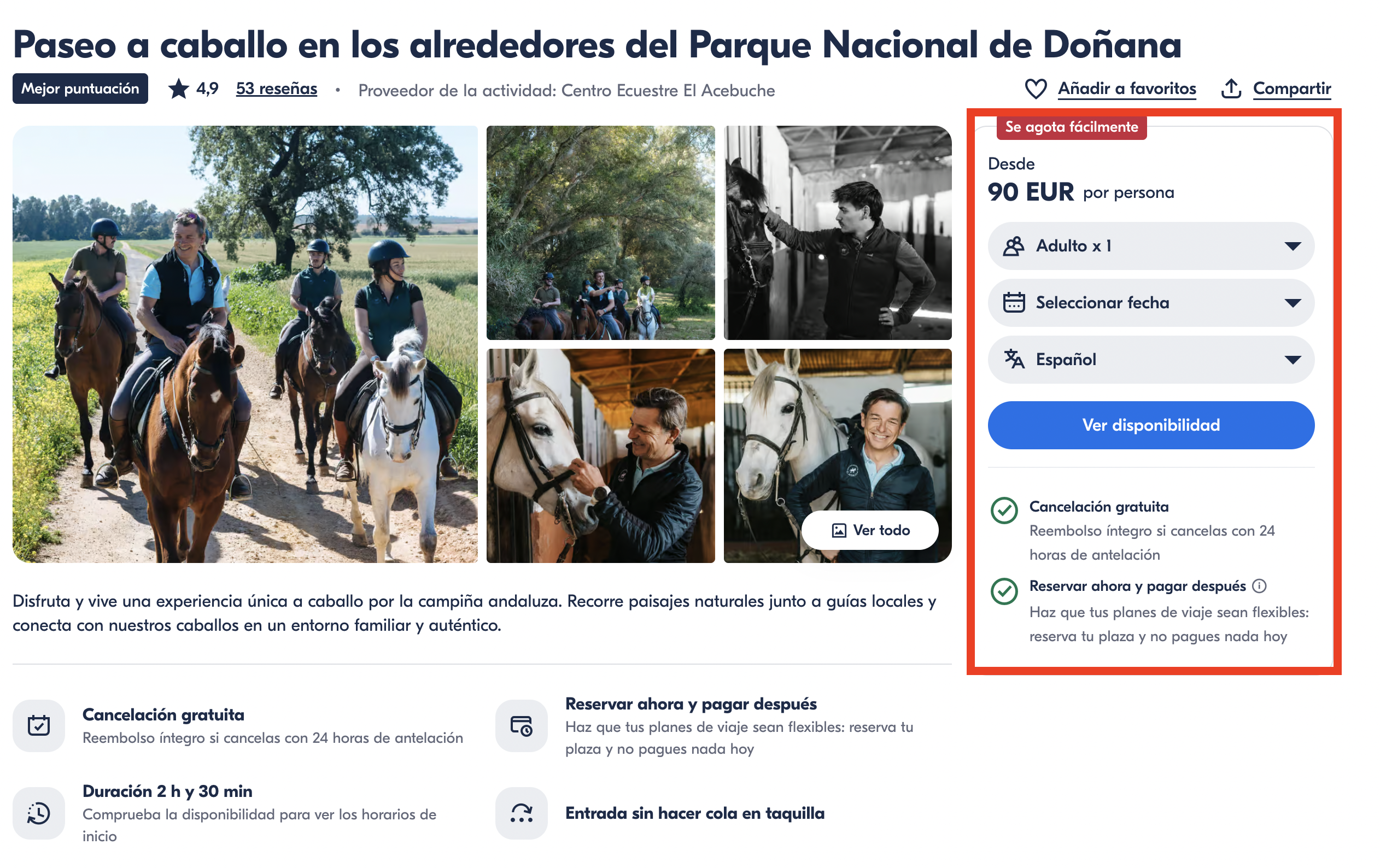 Dormir en El Rocío y recorrer los alrededores de Doñana a caballo por 172,50€ por persona oferta