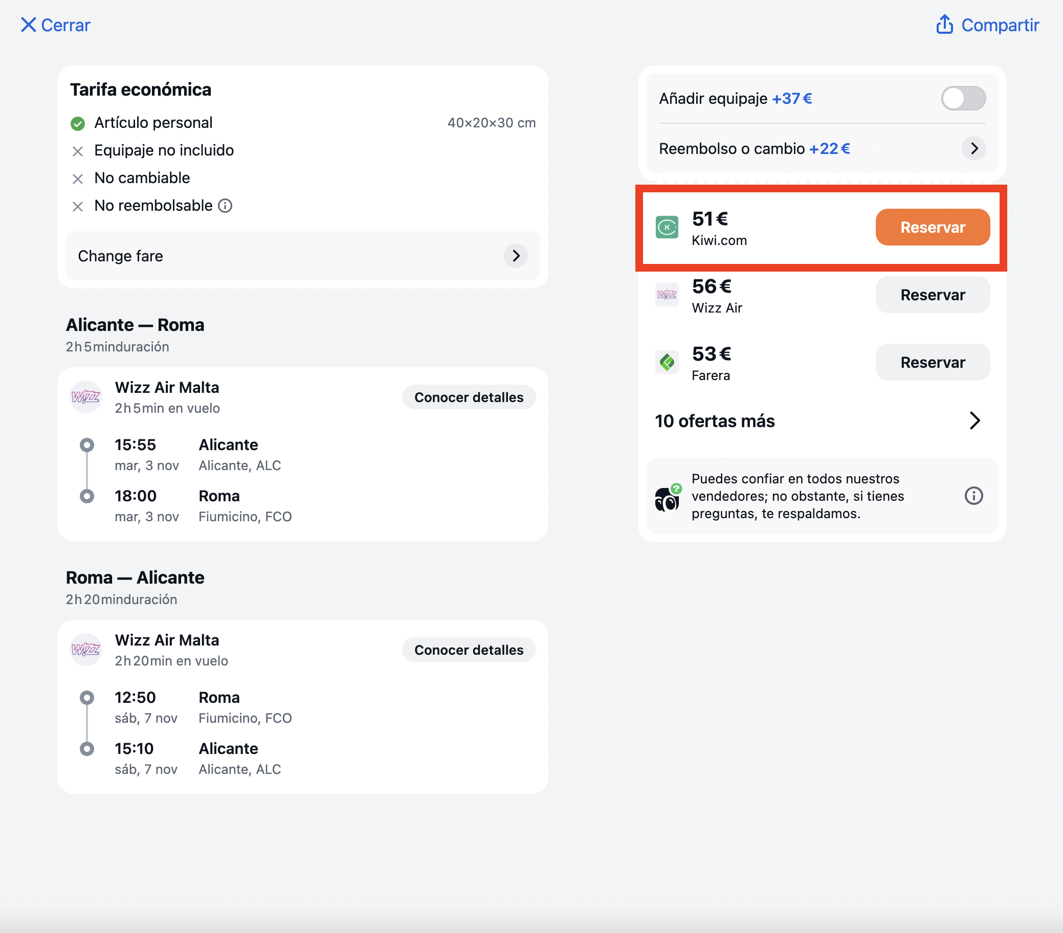 Captura de la oferta: Alicante–Roma por 51€ ida y vuelta: cuatro días de noviembre para recorrer Roma sin derretirse por el camino