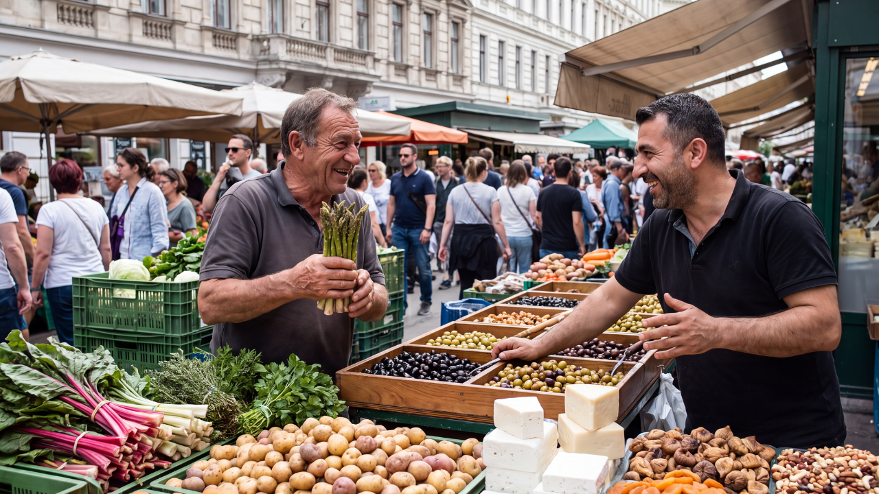 Dos personas conversando junto a un puesto de mercado