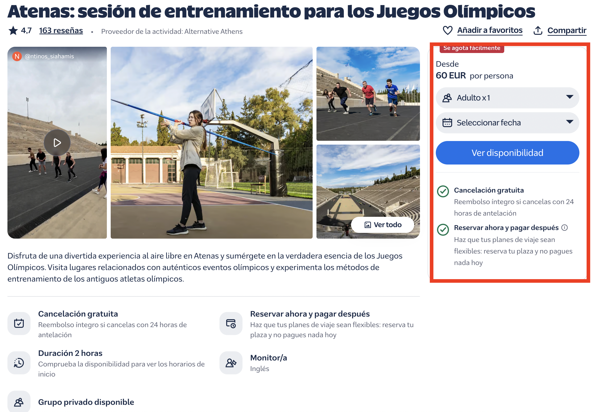 Experiencia de entrenamiento olímpico en Atenas