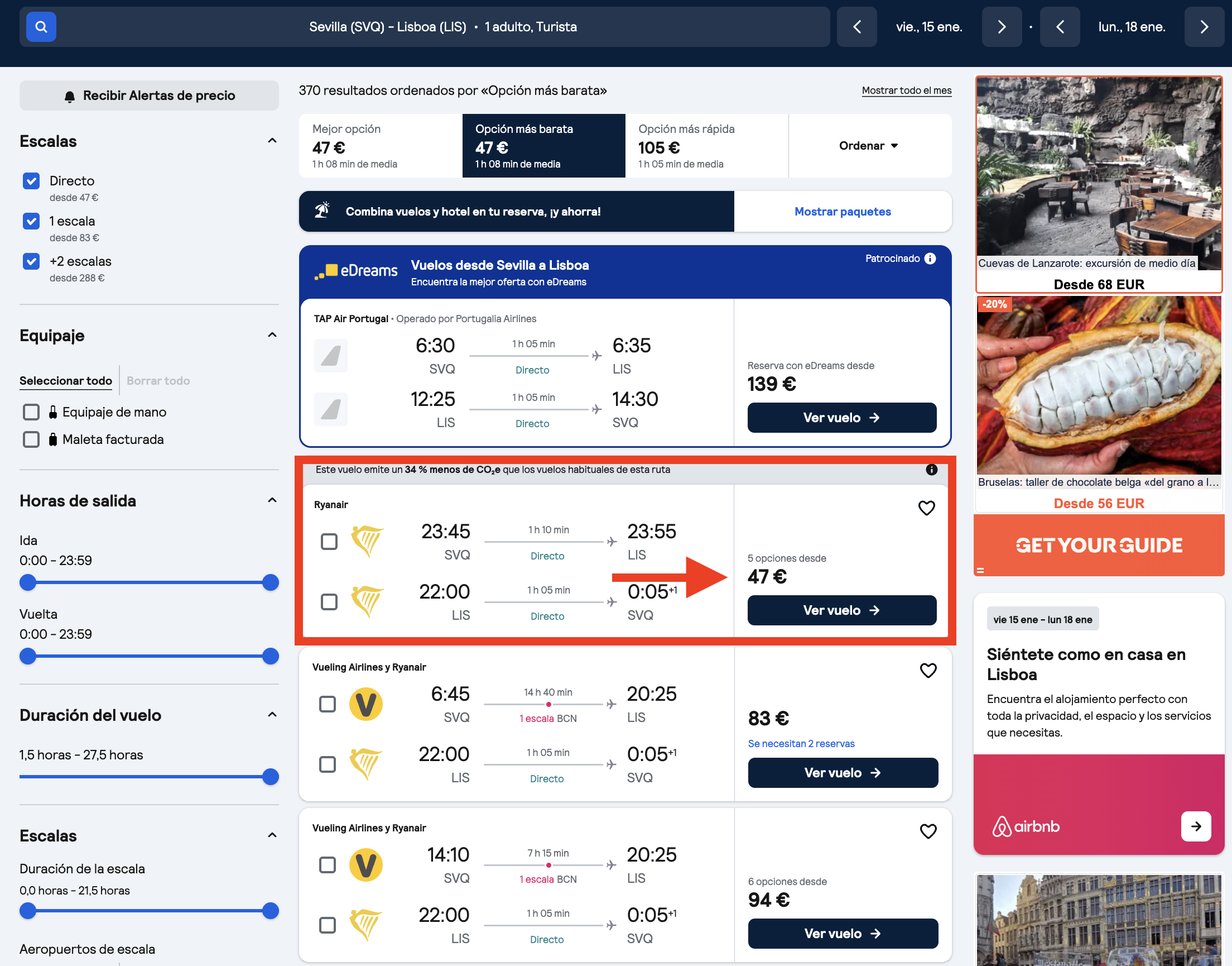 Oferta vuelos Sevilla–Lisboa