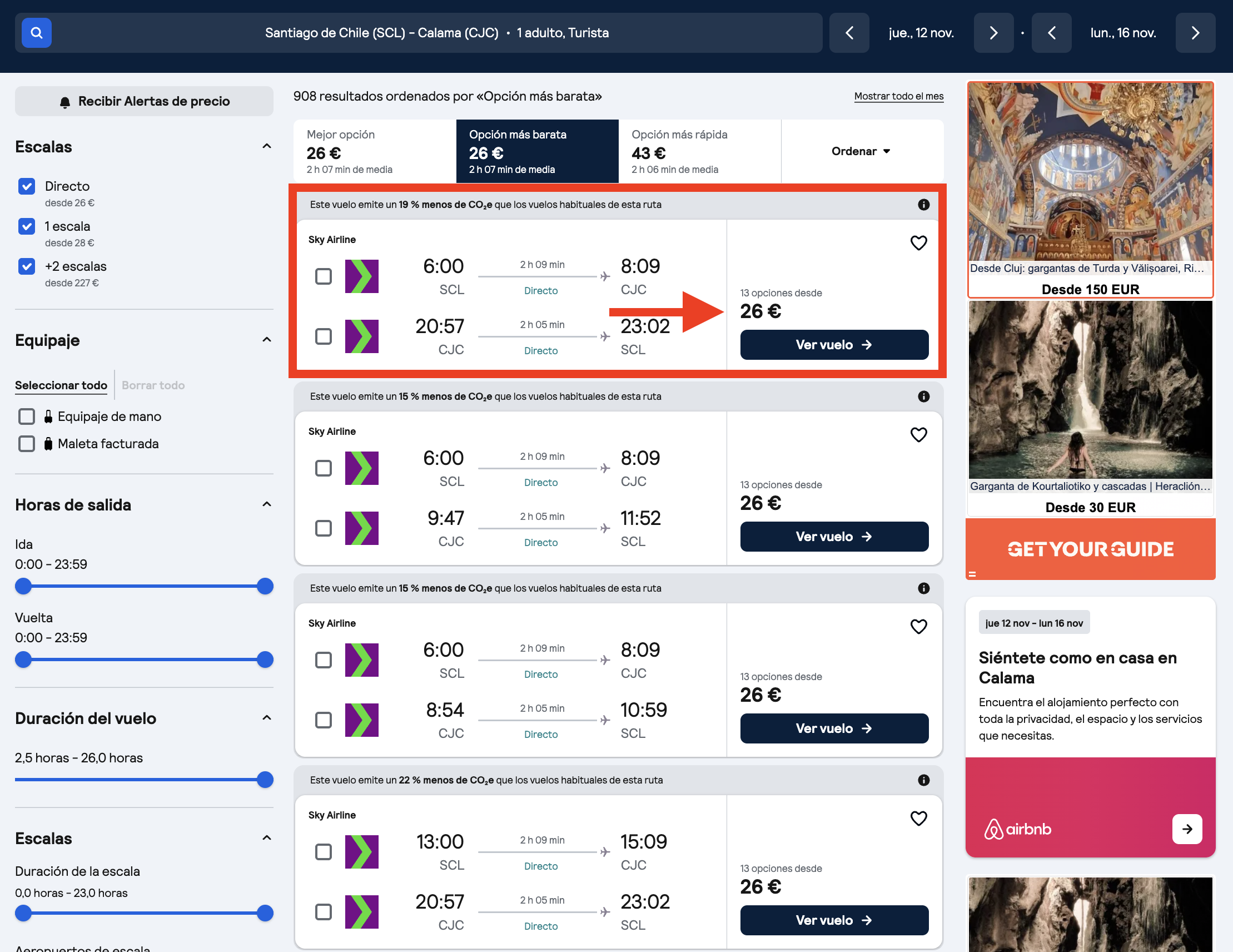 Oferta vuelos Santiago–Calama